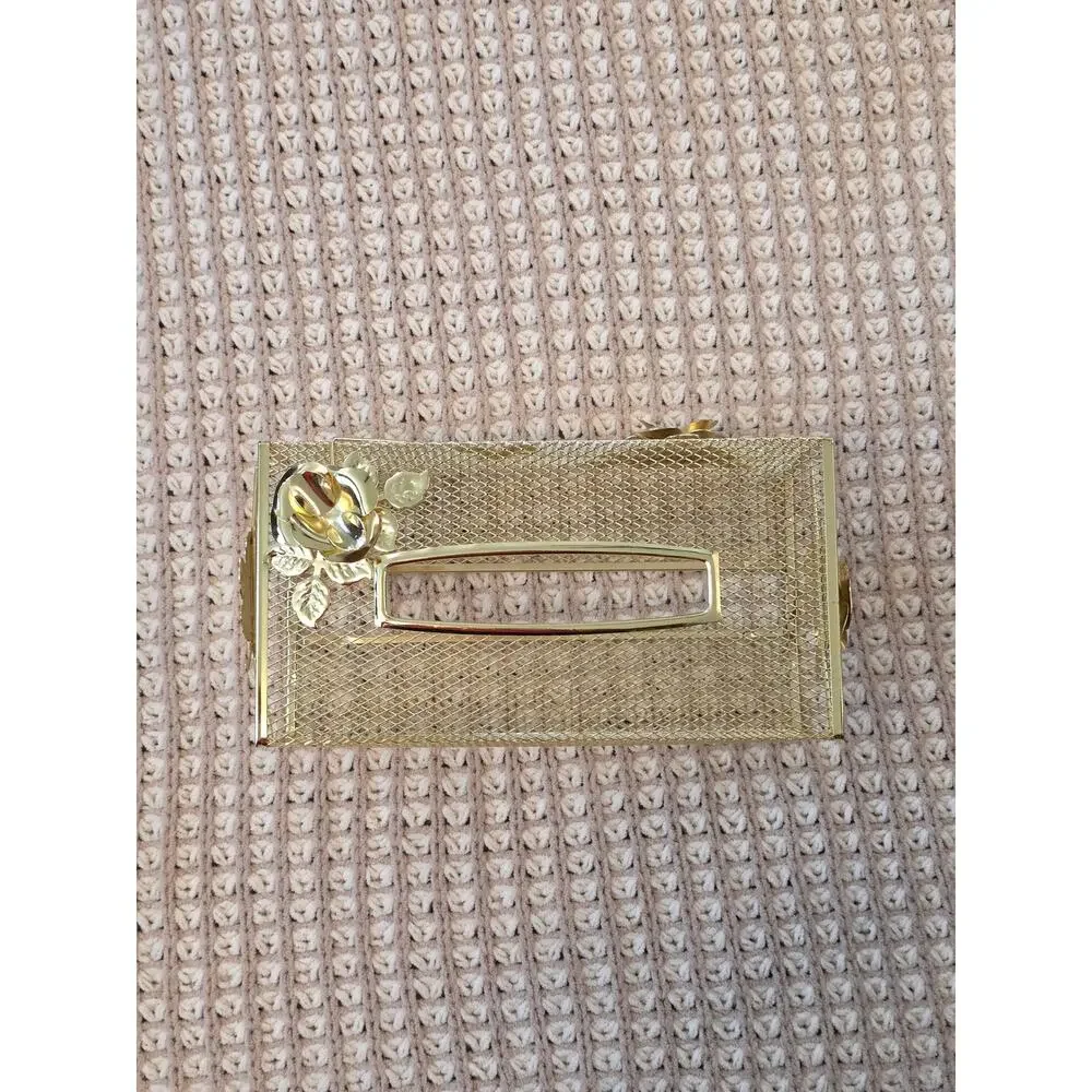 VTG MCM Metal Mesh Gold Tone Kleenex Box Cover with Rose and Leaf Design